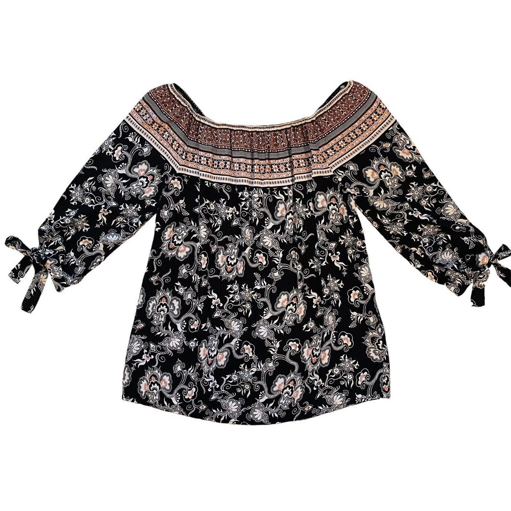 Late August Boho Floral Off Shoulder Peasant Blouse Women’s Medium Tie Sleeve